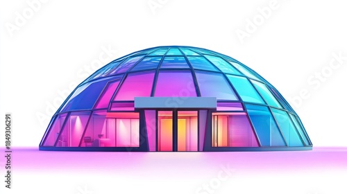 Modern dome structure with transparent glass windows and colorful ambient lighting