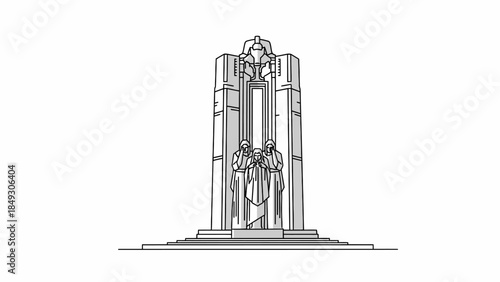 Architectural line art illustration of a tall monument with statues and stairs, minimalist monument landmark design.