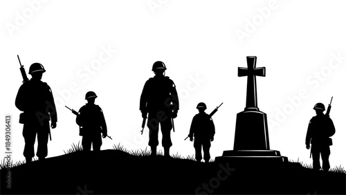Silhouette of soldiers standing in front of a fallen comrade's grave with a cross, Memorial Day concept