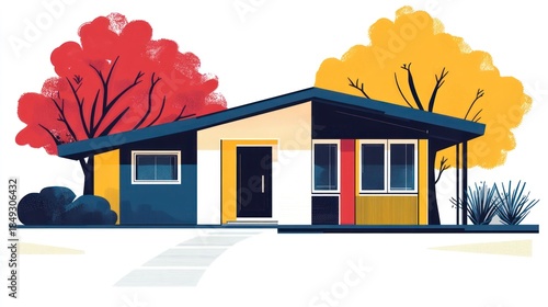 Modern house illustration with colorful trees and blue sky background