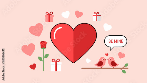 "Valentine's Day romantic set with big red heart, love birds, rose, and gift boxes."