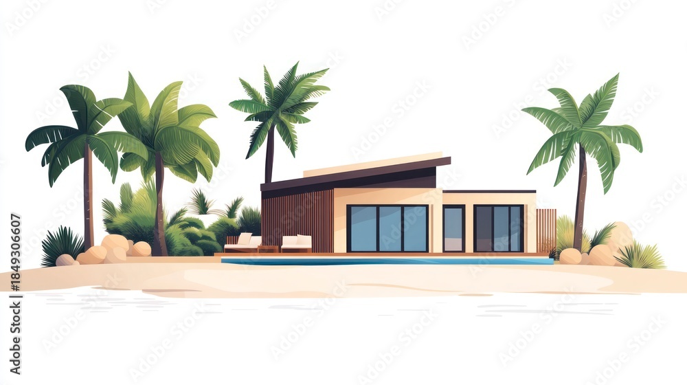 Fototapeta premium Modern house with palm trees and pool in a tropical environment