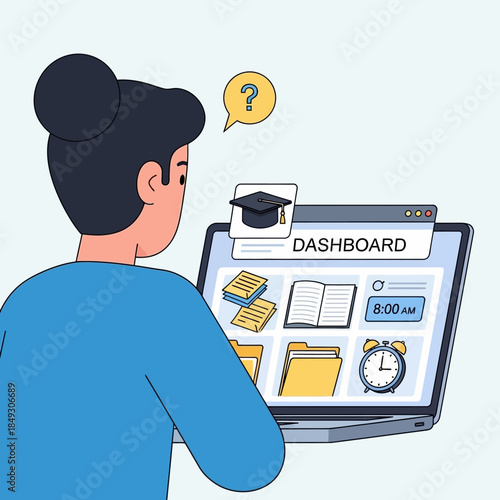 Woman Viewing Online Education Dashboard on Computer.