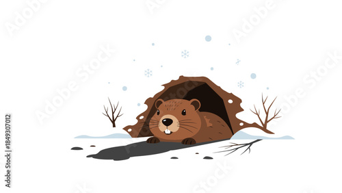 Groundhog Day Illustration with Woodchuck Emerging from Hole