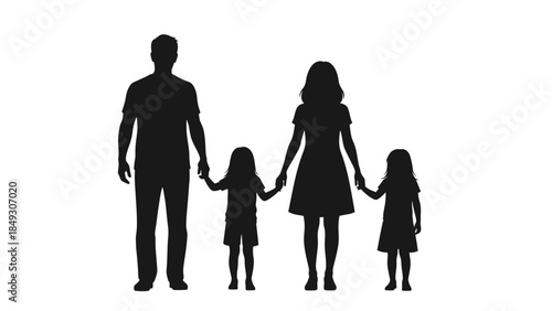 Happy Family Silhouette Holding Hands on White Background