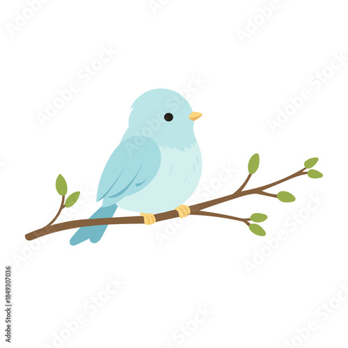 Cute blue bird sitting on tree branch in flat vector style, bird illustration for spring design, kids graphics, nature concepts, bird isolated on white background