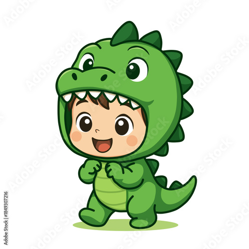 Cheerful Hand drawn Child in Dinosaur Costume Character Mascot Illustration