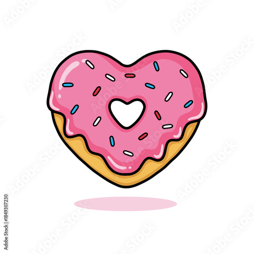 Cute Lineart Pink Glazed Heart Shaped Donut with Sprinkles Food Illustration