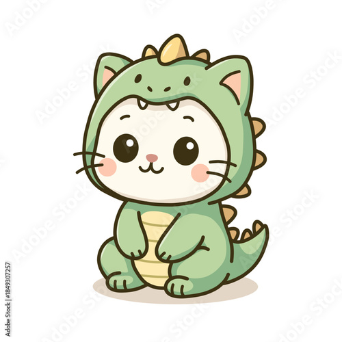 Cartoon Cute Cat Wearing Dinosaur Costume Character Illustration Isolated Design