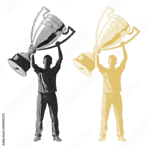 champion man holding a huge trophy in retro halftone style
