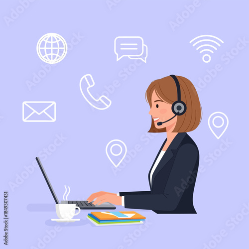 Woman Wearing Headset Working on Laptop.