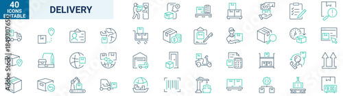 Delivery line web icons. Value chain, logistic, manufacturing, commerce. Outline icon collection. Vector illustration. Editable stroke
