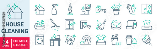 Cleaning web icons in line style. Dusting, cleaning, vacuuming, washing, changing, organizing. Vector illustration. Editable stroke.