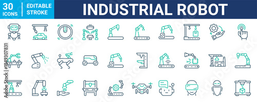 industrial robotics and automation technology web line icons. engineering interfaces, and smart industry. Editable stroke. Vector illustration