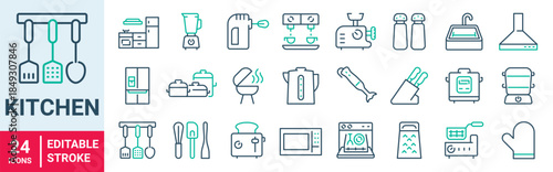 Kitchen web line icon set. Food, fork, glass, dish, blender, spices, spoon, knife and utensils. Vector illustration