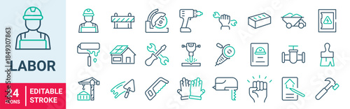 Labor web line editable icon set. Contains icons related to labor, construction, labour day, renovation, and more. Vector illustration.