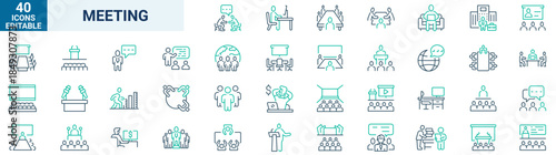 Meeting set of web icons in line style. Live webinar icons for web and mobile app. Containing conference, business meeting, classroom, team, interview, conference, work, discussion and more