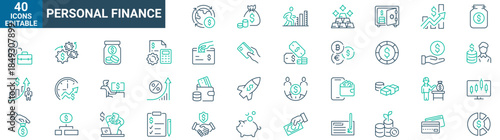 Personal Finance web line icons. Containing budget, savings, expense, income, tax, loan, statement, financial management, mortgage and more. Vector illustration