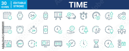 Time and Clock web icons in line style. Calendar, timer, time, stopwatch, countdown, collection. editable. Vector illustration.