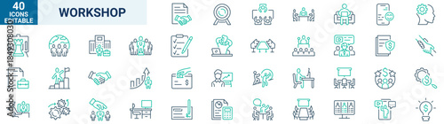 Workshop web icons in line style. Business. Containing team building, teamwork, coaching, meeting, managing, coaching.