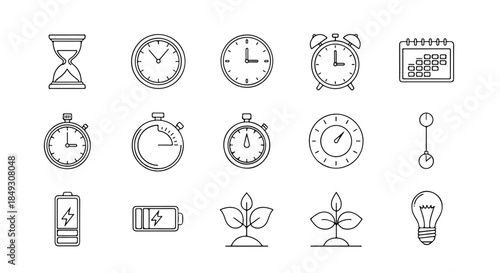 Productivity and Sustainability Icon Set with Time Battery Energy and Growth Plant Symbols