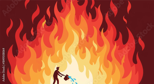 Person Throwing Water on Large Fire representing Resilience and Disaster Mitigation Strategy