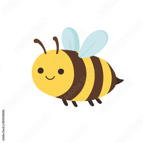 Cute bee illustration in flat vector style with smiling face and soft wings, bee character symbolizing nature, pollination, kids design, friendly bee mascot isolated on white