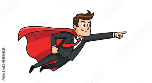 Business Superhero Character Flying with Red Cape for Leadership and Success Motivation Concept