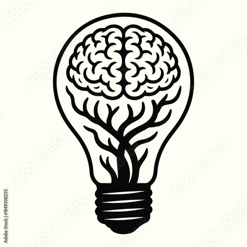 Black and white lightbulb with brain inside representing creativity and ideas