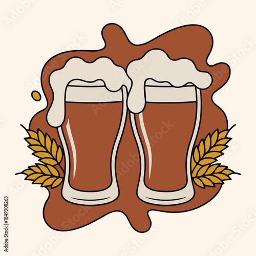 Two glasses of beer with foam and wheat
