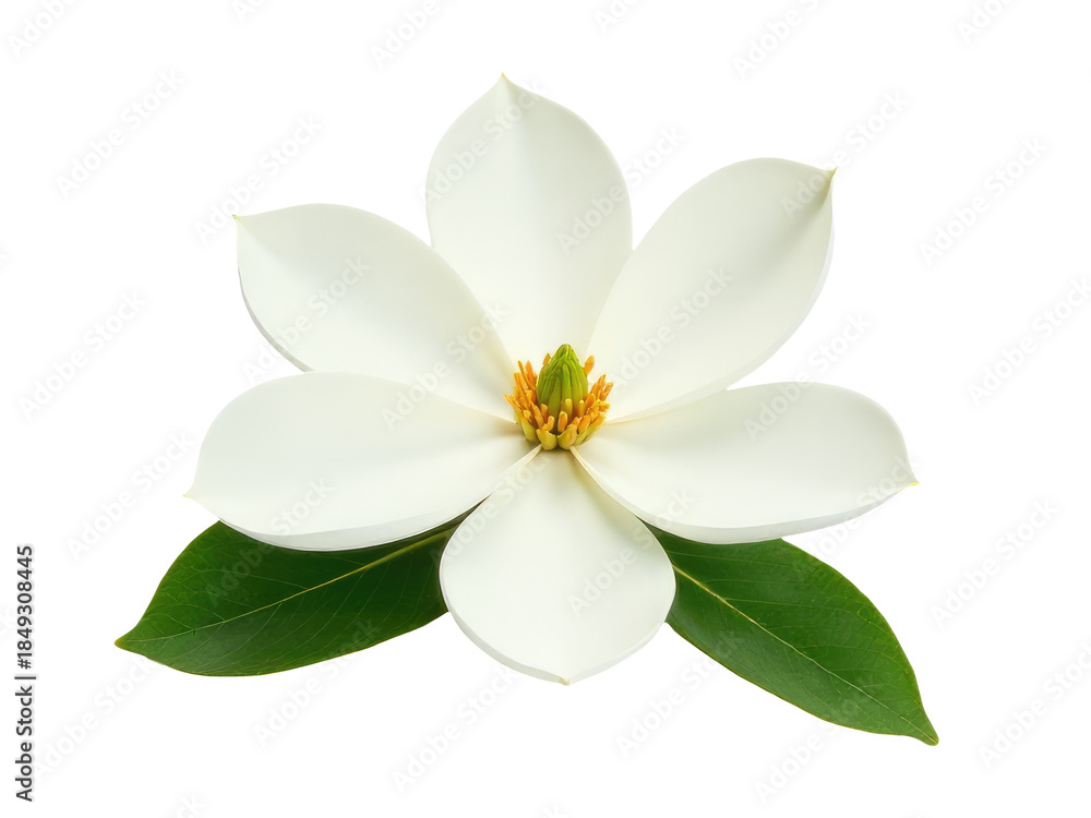 Naklejka premium A single white flower with green leaves on a pure white background