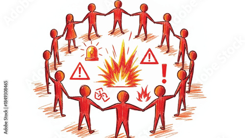 United Community Standing in a Circle Around an Explosion or Fire with Warning Symbols Representing Crisis Management and Collective Security