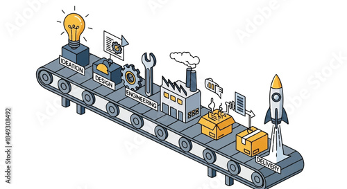 Industrial Assembly Line Illustration for Engineering Manufacturing and Product Development Workflow