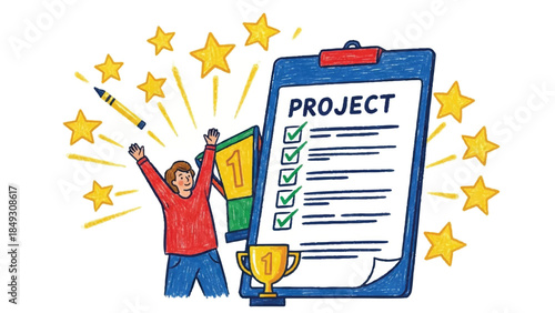 Successful Project Completion Illustration with Businessman Celebrating Achievement, Clipboard Checklist, Gold Trophy, and Stars