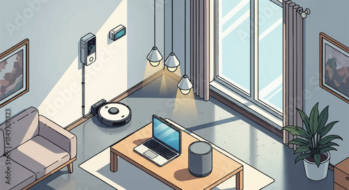 Isometric Smart Home Interior with Robotic Vacuum Cleaner and Automated Lighting Workspace