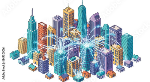 Digital Smart City Connectivity with Futuristic Glowing Network Lines over Urban Skyscrapers