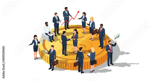 Corporate Group Discussing Financial Strategy and Market Trends on Large Gold Coin Platform