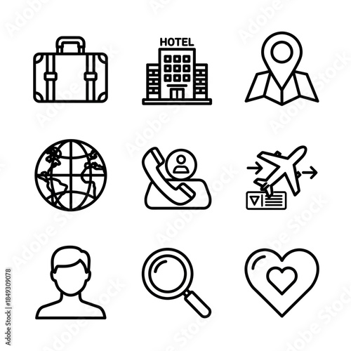 Travel Icons Set with Suitcase and Hotel.