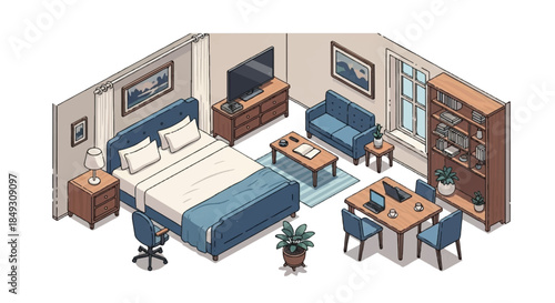 Isometric Modern Bedroom and Home Office Design with Blue Bed Sofa and Workspace Setup
