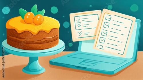 Carrot Cake and Laptop on Transport Background with Checklist Icons