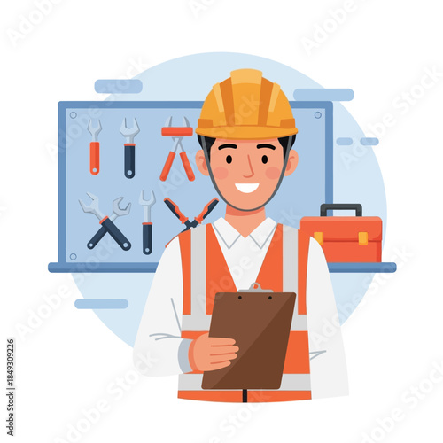 Smiling Construction Worker Holding Clipboard and Tools.