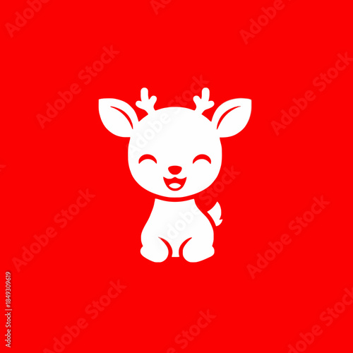 Cute White Reindeer Icon with Antlers and Big Ears.