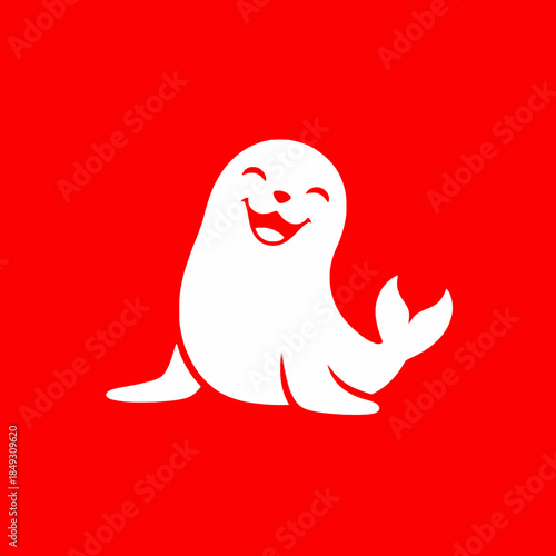 Cute white seal with happy face and red background.