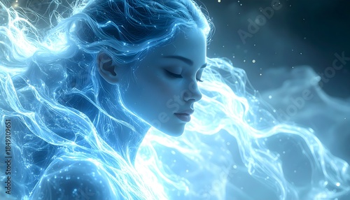 Mystical Waterfall Spirit Glow. Magical Fantasy Abstract Creature