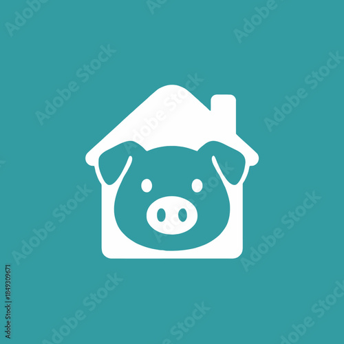 White Pig Face Inside House Icon on Teal Background.