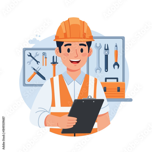 Smiling Construction Worker Holding Clipboard with Tools.
