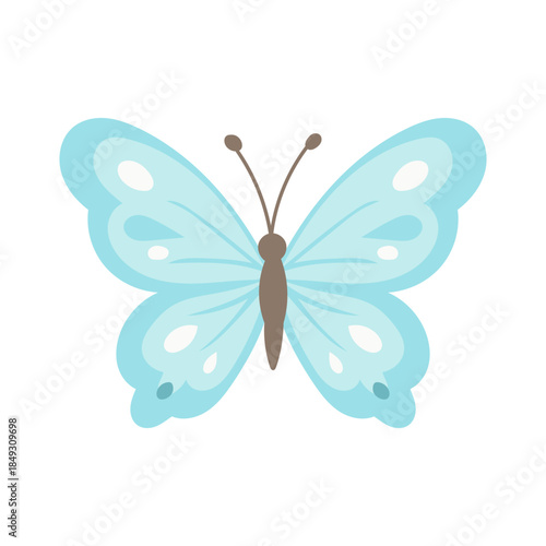 Light blue butterfly illustration in flat vector style with symmetrical wings and soft shapes, cute spring insect for children designs, nature themed graphics, stickers, prints and educational 