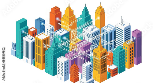 Isometric Smart City Concept with Connected High Rise Buildings and Digital Network Lines