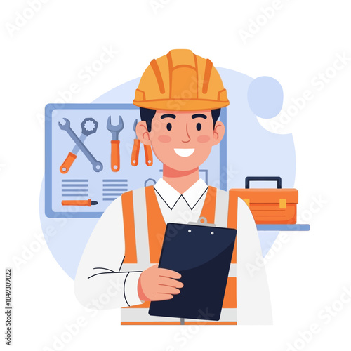 Smiling Construction Worker Holding Digital Tablet.