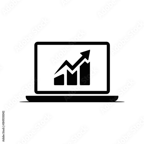 Laptop with Graph Showing Growth and Success in Black and White Illustration